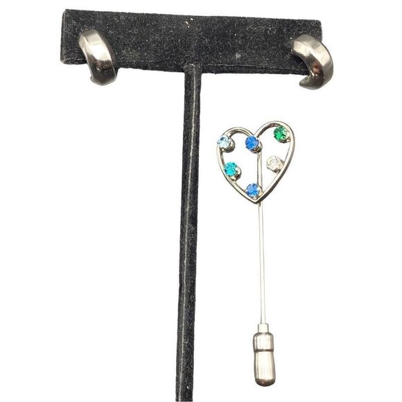 Vintage Anson Sterling silver 925 heart blue rhinestone stick pin and 925 small - Picture 2 of 9